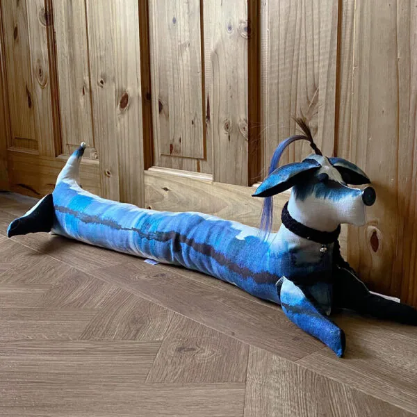 Blue & White Linen Sausage Daft Excluder with Black Scarf