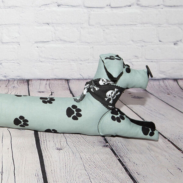 Pale Blue Linen Sausage Dog with Black Paw Print Draft Excluder Closeup