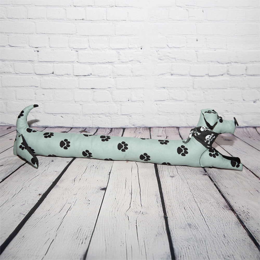 Pale Blue Linen Sausage Dog with Black Paw Print Draft Excluder