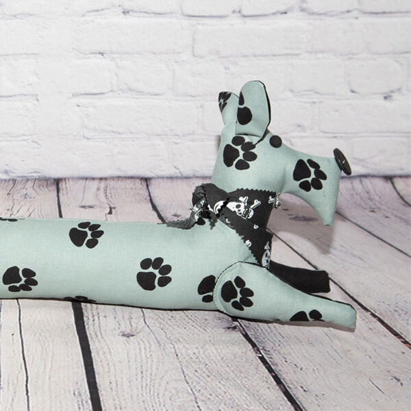 Pale Blue Linen Scottie Dog with Black Paw Print Draft Excluder Closeup