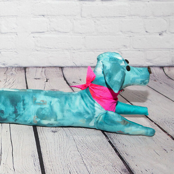 Vibrant and Colourful Sausage Dog with Pure Silk Pink Bandana Draft Excluder Closeup