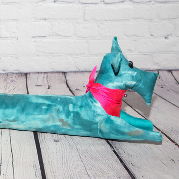 Vibrant and Colourful Scottie Dog with Pure Silk Pink Bandana Draft Excluder Closeup